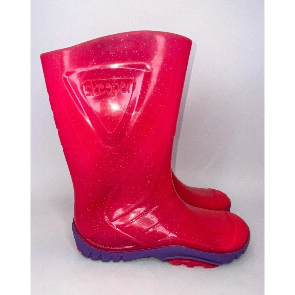 SKEEPER Size 32/1Y Black Slip-On Rain Boots w/Grip Soles Pink/Purple Rubber Boot